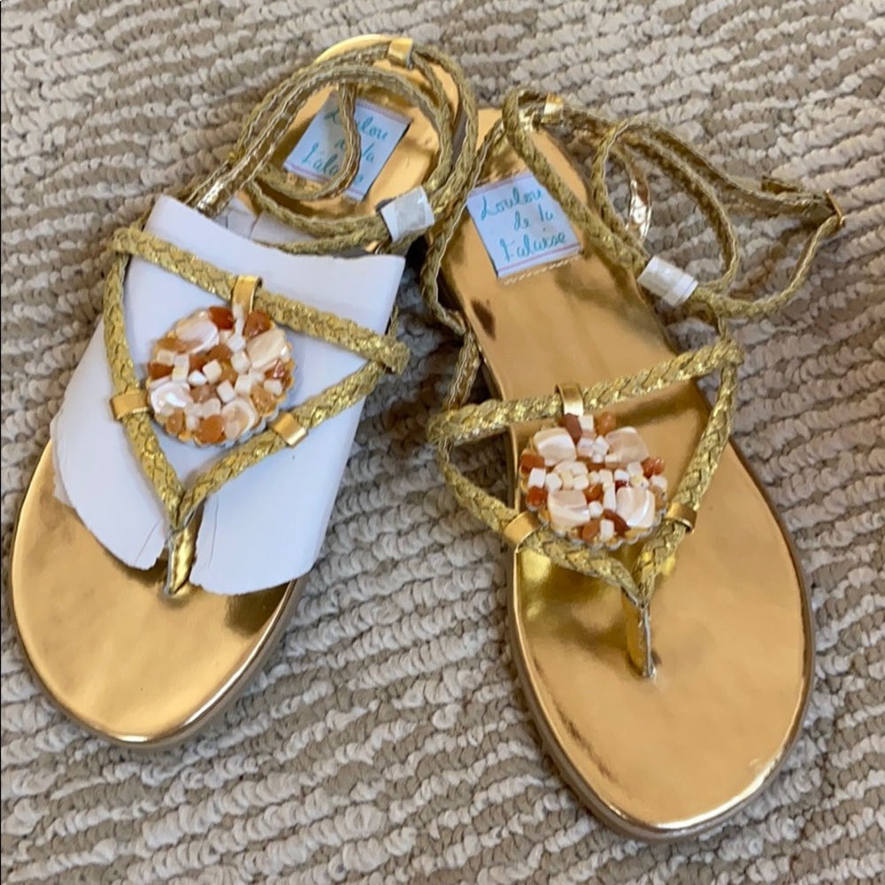 Gold ankle strap sandals with shell detail NIP